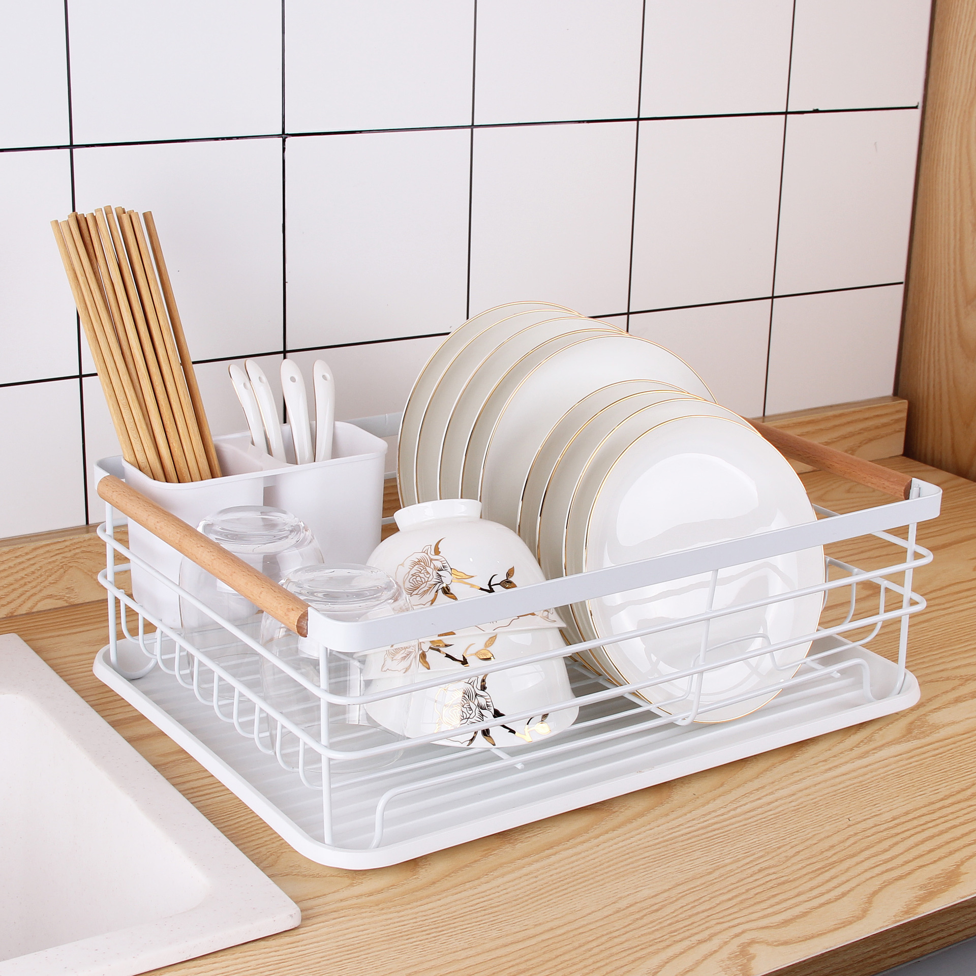 2 Tier Dish Rack Kitchen shelving Tableware Drain bowl  iron art  rack storage Dish Drainer Rack