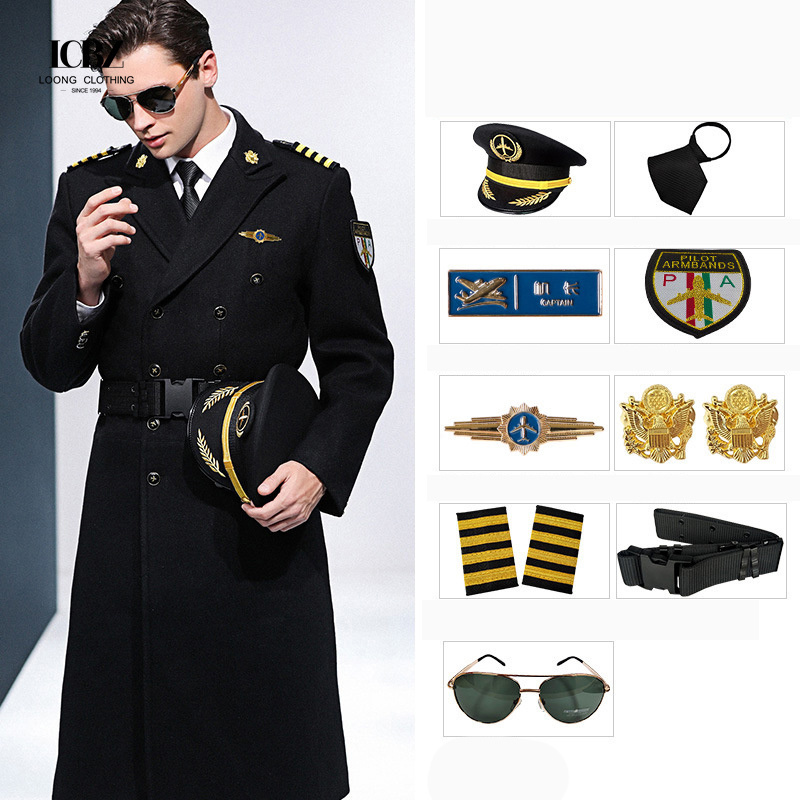 Aviation captain black woolen woolen coat men's thickened property security work uniform