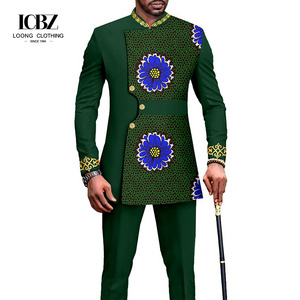 LCBZ Custom New Arrival Jacket Pants Party Wear Men's Jacquard Print Fabric African Big Size Green Men Suits