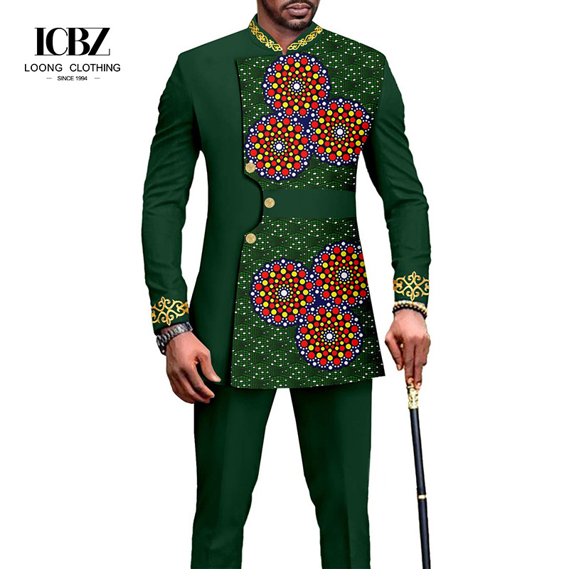 LCBZ Custom New Arrival Jacket Pants Party Wear Men's Jacquard Print Fabric African Big Size Green Men Suits