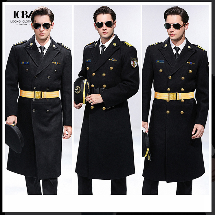 Aviation captain black woolen woolen coat men's thickened property security work uniform