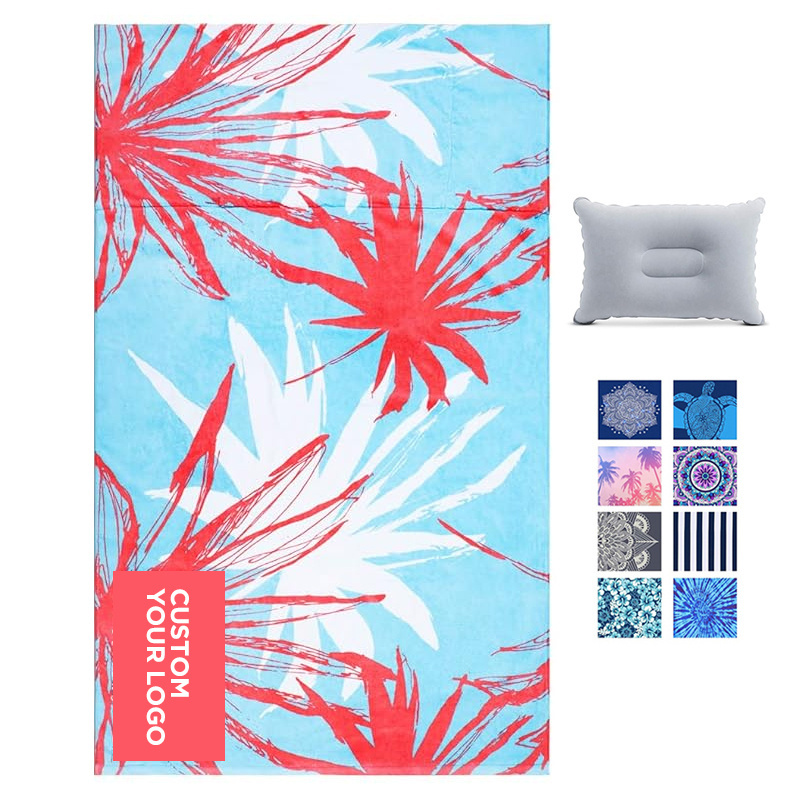 Oversize Throw Sunbathing Extra Large Cloth Palm Quick-Drying Absorbent Leaf Print Pillow & Hidden Pocket Beach Towel