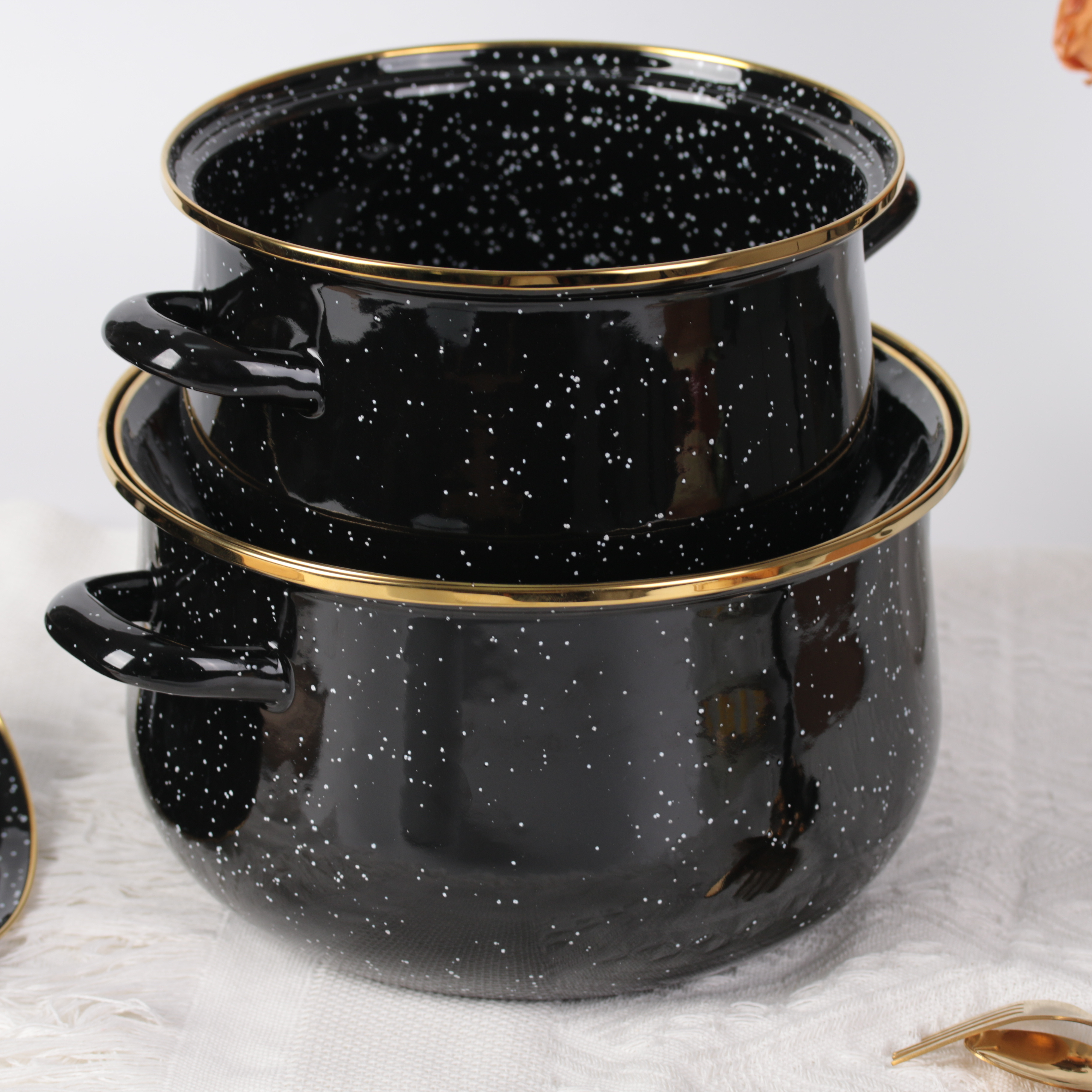 Enamel pot two-piece household milk pot high-quality stockpot enamel casserole pot set black sesame dots two-ear cookware