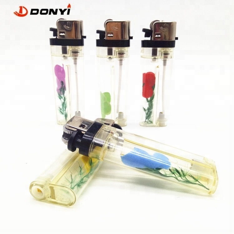 Refillable Flint Wheel Cigarette Lighter, transparent with   flower decoration flower inside,very cheap price