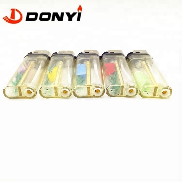 Refillable Flint Wheel Cigarette Lighter, transparent with   flower decoration flower inside,very cheap price