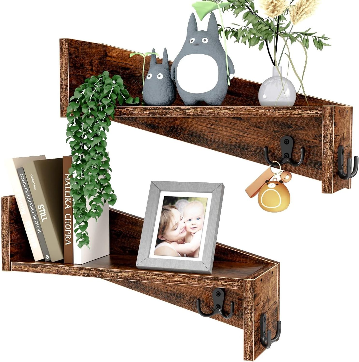 Rustic Wood Wall Shelf with Coat Hooks for Home Decor Storage Small Wall Mounted Hanging Shelves for Bedroom