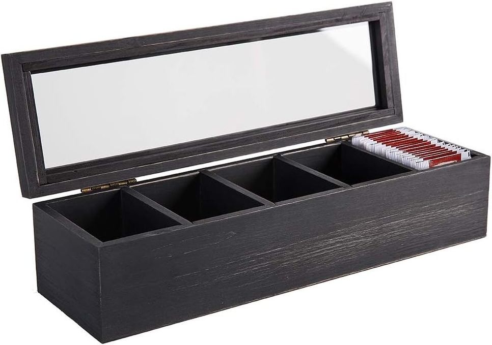 Wooden Tea Bag Organizer 5 Compartments Tea Packet Collection Box With Transparent Glass Window Box