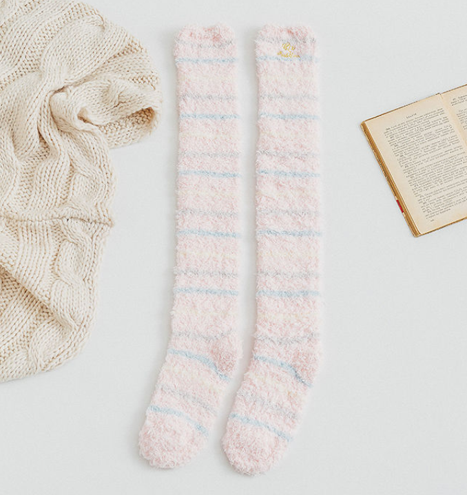 Hot teen girls fuzzy socks striped thigh embroidery cute warm winter stockings new long fluffy socks