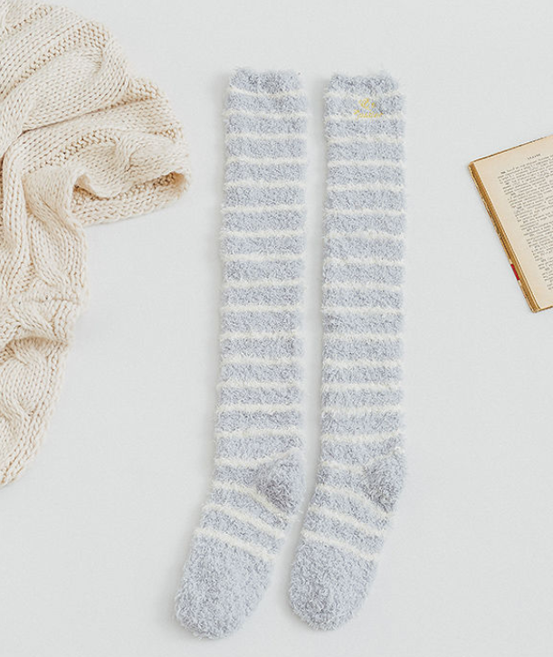 Hot teen girls fuzzy socks striped thigh embroidery cute warm winter stockings new long fluffy socks