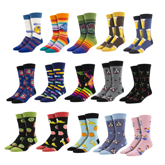 low MOQ cheap multi-style crew all over printed custom logo happy socks for men