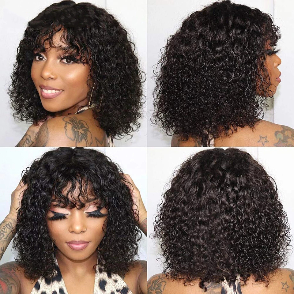 Factory Price Short Water Wave Bob Wig With Bang 10a Brazilian Virgin Hair Korean Bob Afro Wig With Fringe 360 Lace Wigs Vendor