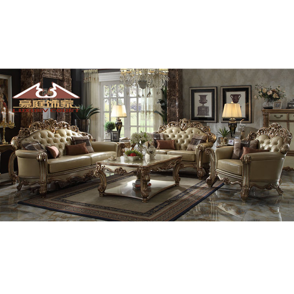 French Luxury Genuine Leather Sofa Couch Set High Quality Gold Sofas Carved by Hands classic beautiful living room sofa