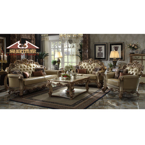 Longhao French luxury royal furniture european style sofa set classic leather gold sofa wood carved luxury sofa sets