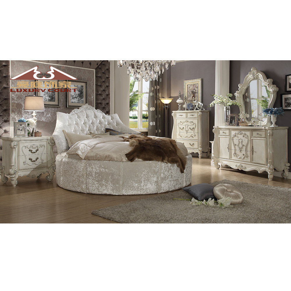 Longhao Furniture Classical European Style Antique white Bedroom Sets King Size Round Bed