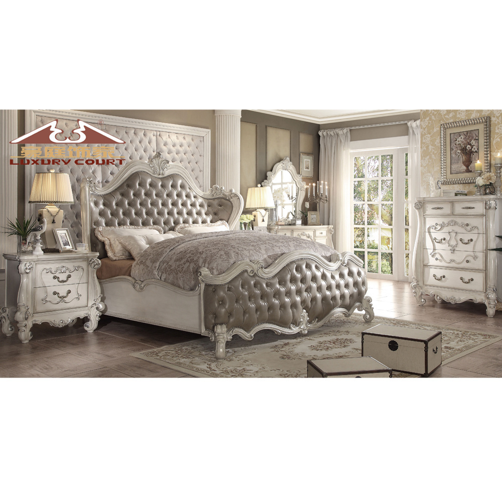 Longhao Furniture Classical European Style Antique white Bedroom Sets King Size Round Bed