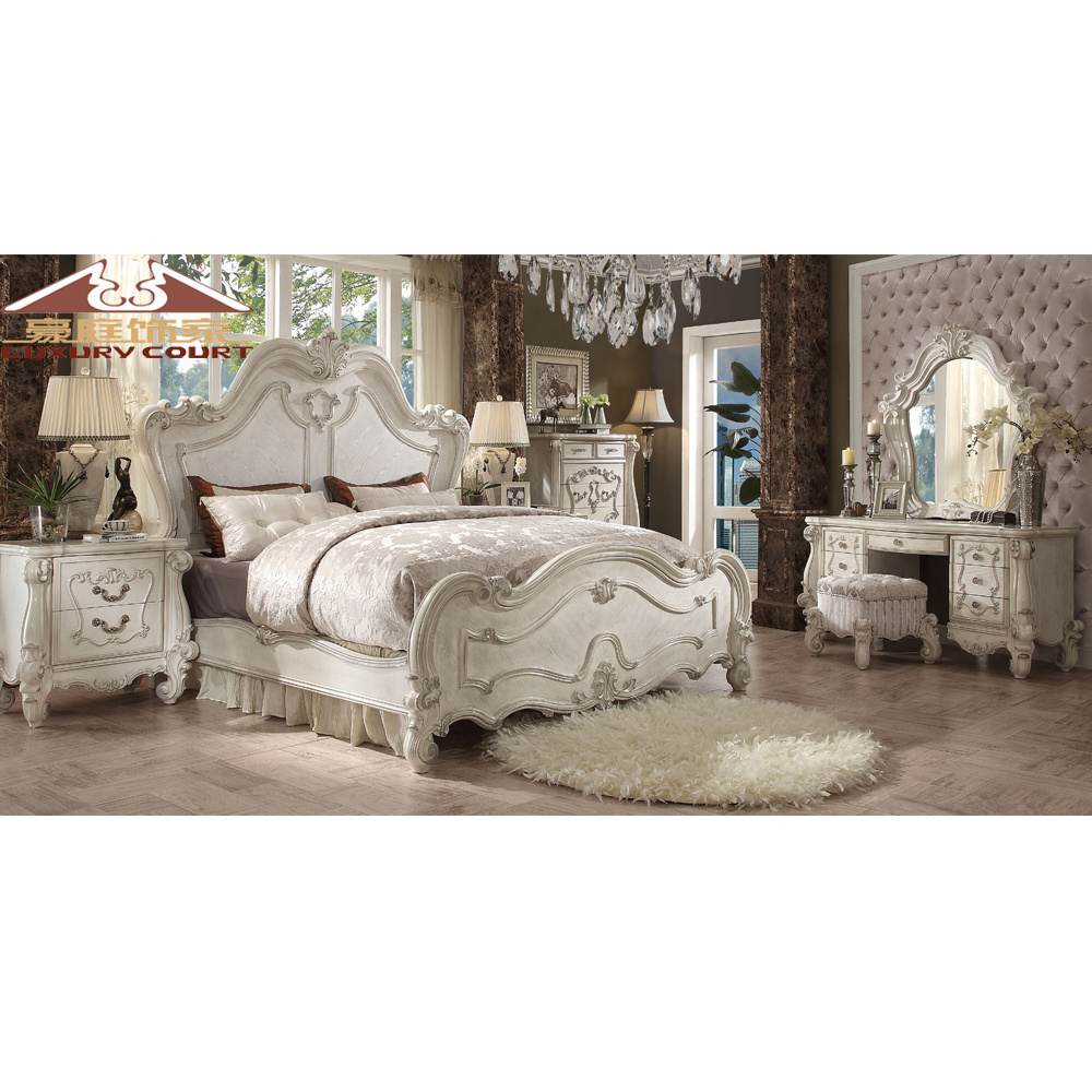 Longhao Furniture Classical European Style Antique white Bedroom Sets King Size Round Bed