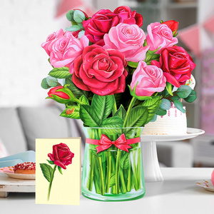 Custom Design Hot Selling Paper Flower Handmade 3D Pop up Rose Bouquet Greeting Card For Valentine's Day