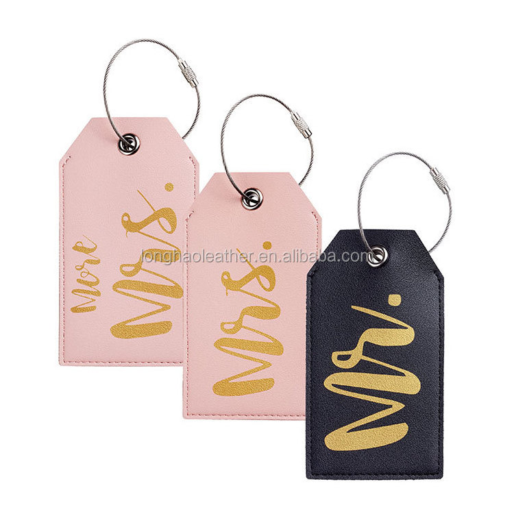 Mr Mrs More Mrs Thick Vegan Leather Gold Stamped  Luggage Bag Tag Custom Logo Text