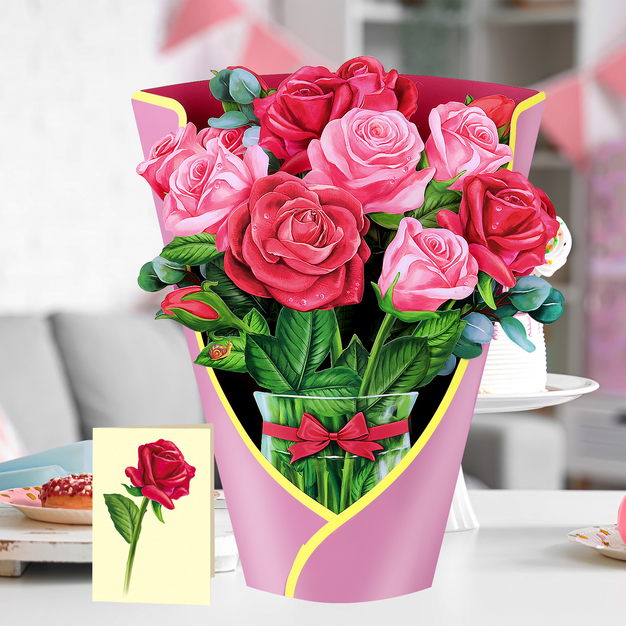 Custom Design Hot Selling Paper Flower Handmade 3D Pop up Rose Bouquet Greeting Card For Valentine's Day