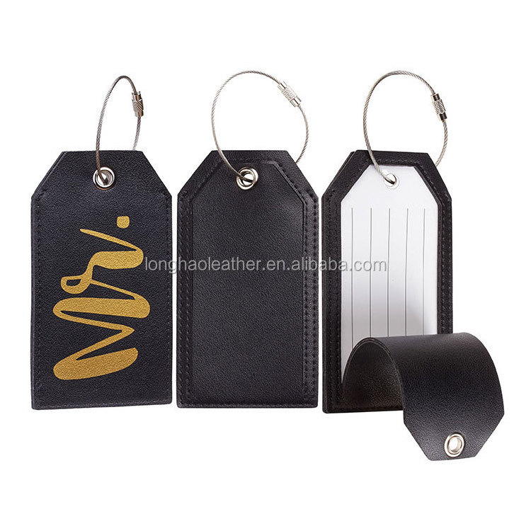 Mr Mrs More Mrs Thick Vegan Leather Gold Stamped  Luggage Bag Tag Custom Logo Text