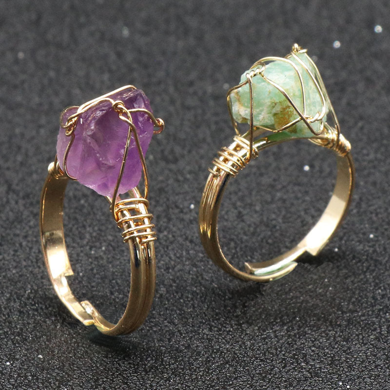 Wholesale Natural Gemstone Healing Crystal Rings Reiki Rock Crystal Rough Raw Amethyst Ring For Gifts Fashion Jewelry