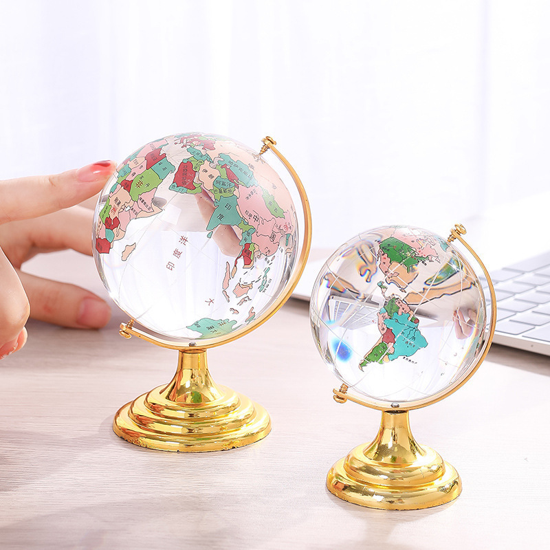 Customized Printing World Map Rotating Glass Crystal Globe with World Map Metal Base For Home Office Table Desk Decoration