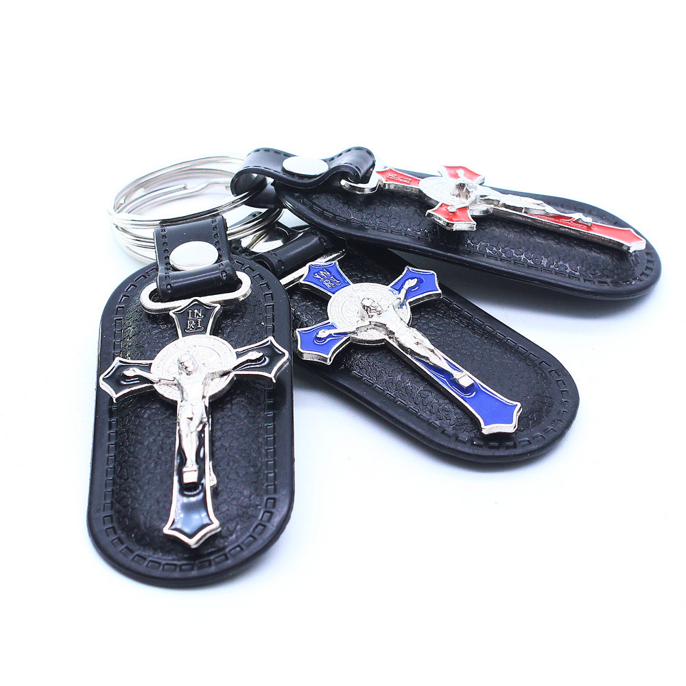 Religious Jewelry Leather Cross Keychain Hanging Orthodox Catholic Men and Women Available Keychain