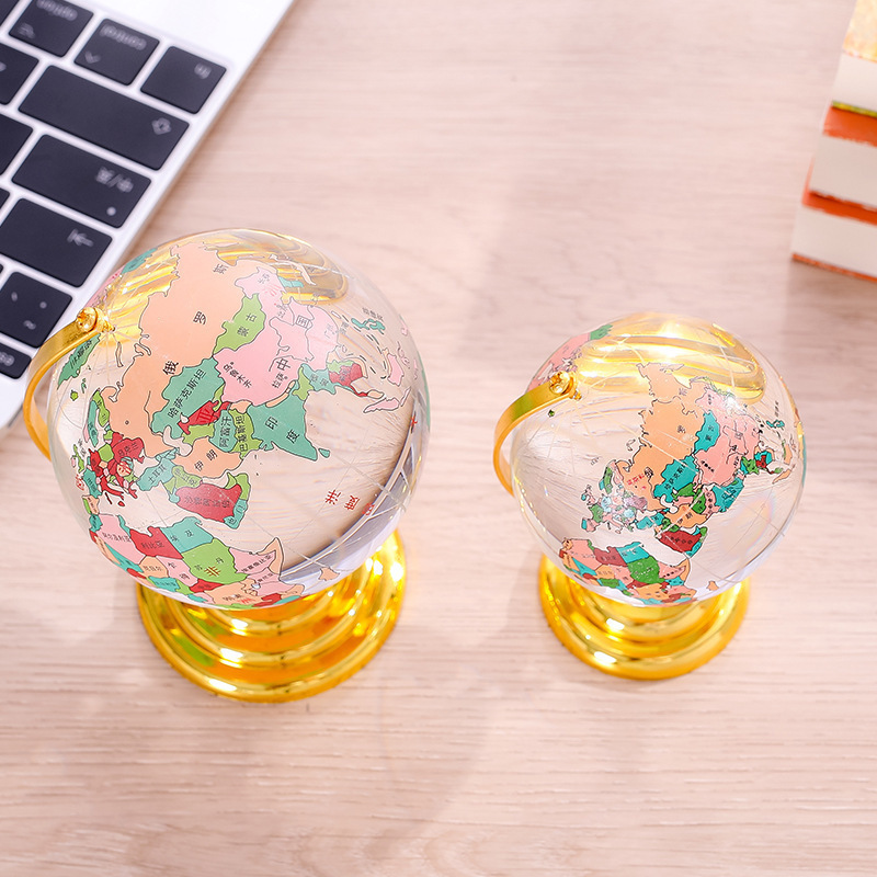 Customized Printing World Map Rotating Glass Crystal Globe with World Map Metal Base For Home Office Table Desk Decoration