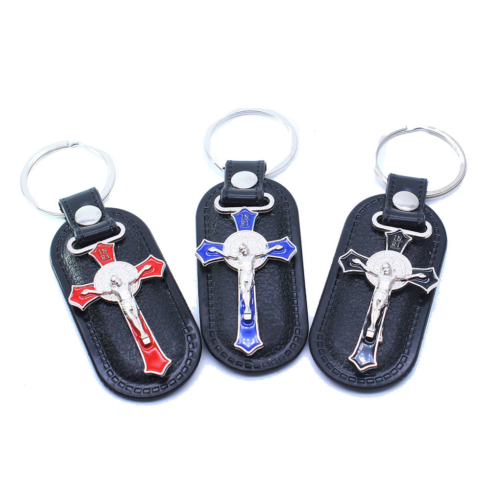 Religious Jewelry Leather Cross Keychain Hanging Orthodox Catholic Men and Women Available Keychain