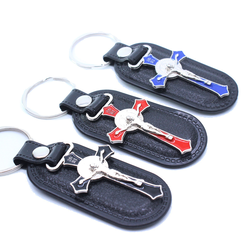 Religious Jewelry Leather Cross Keychain Hanging Orthodox Catholic Men and Women Available Keychain