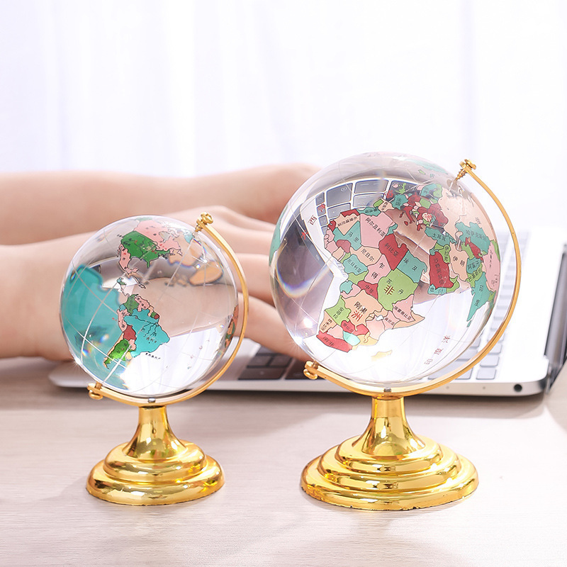 Customized Printing World Map Rotating Glass Crystal Globe with World Map Metal Base For Home Office Table Desk Decoration