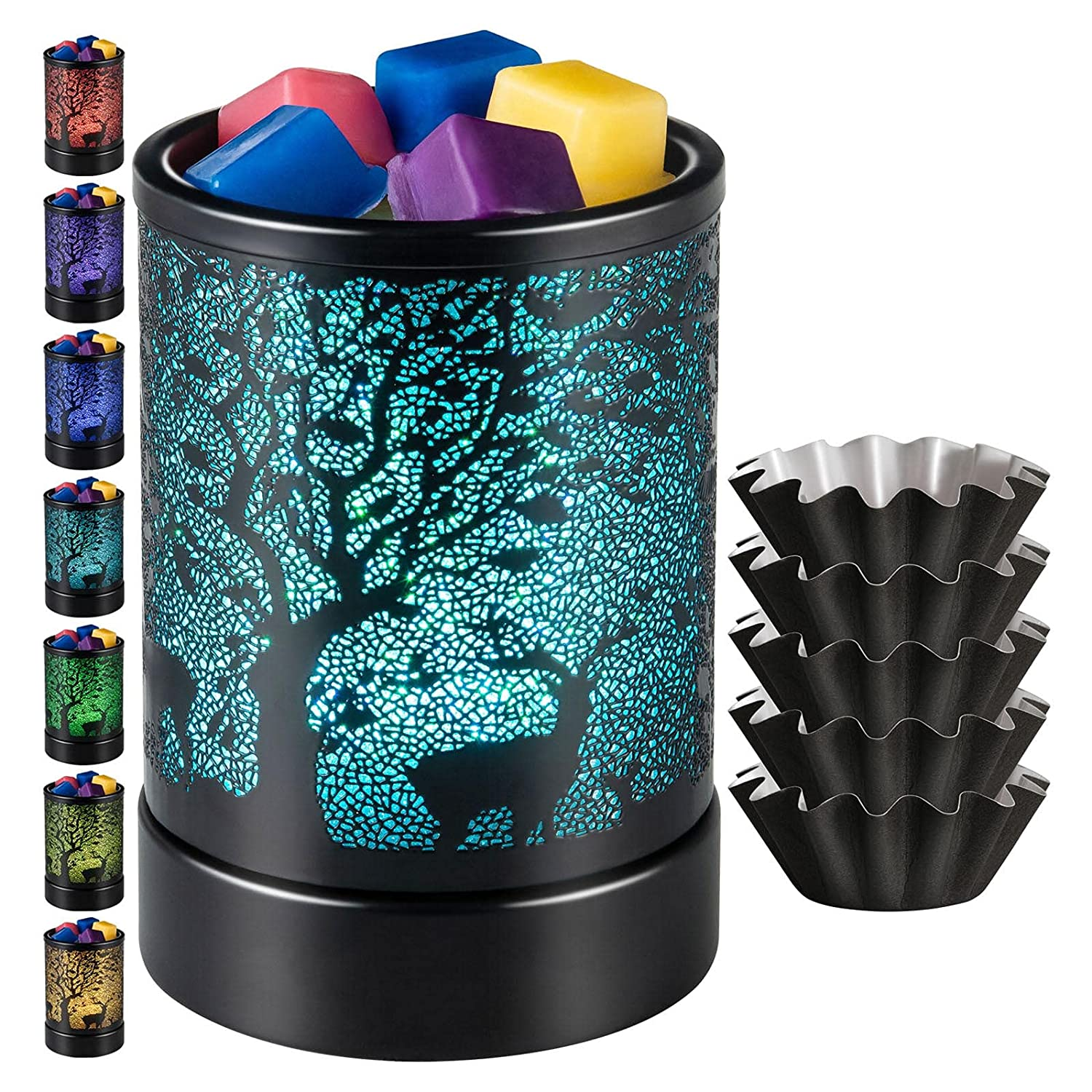 Classic Black Elk Forest Metal Wax Warmer Electric Melter with 7 Colorful Changing Lights