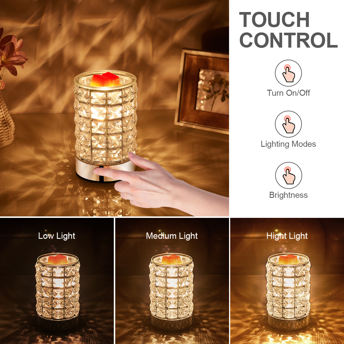 Crystal Touch Electric Wax Melts Warmer with Dimmable Fragrance Candle Melter Warmer for Warming Scented Candle Oil Burner