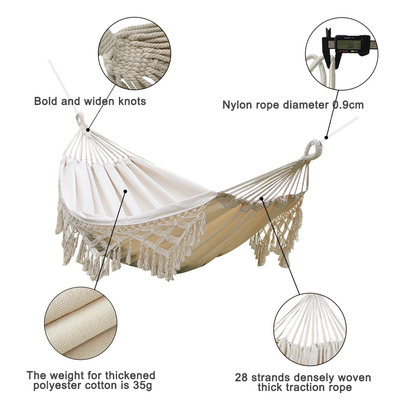 Outdoor White Bohemian Camping Hammock Large Fringed Macrame Hammock