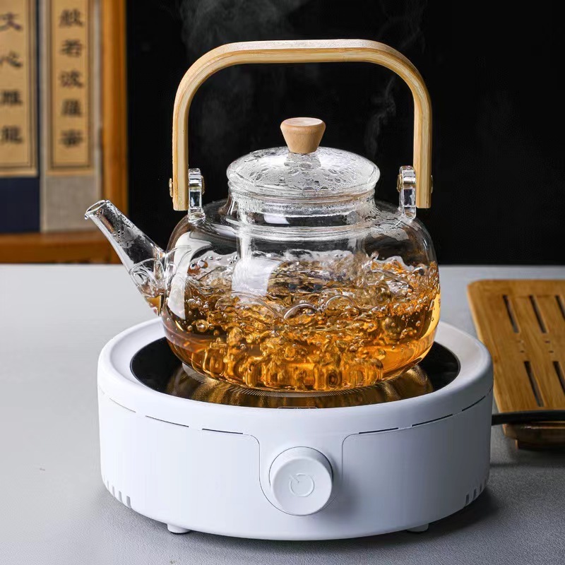 Glass teapot with bamboo handle and beam High borosilicate glass boiling teapot Clear heat-resistant glass beam kettle