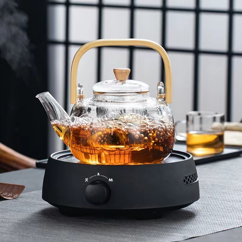 Glass teapot with bamboo handle and beam High borosilicate glass boiling teapot Clear heat-resistant glass beam kettle