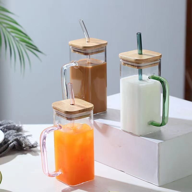 Square transparent glass cup with bamboo lid handle and straw high borosilicate heat resistance mug