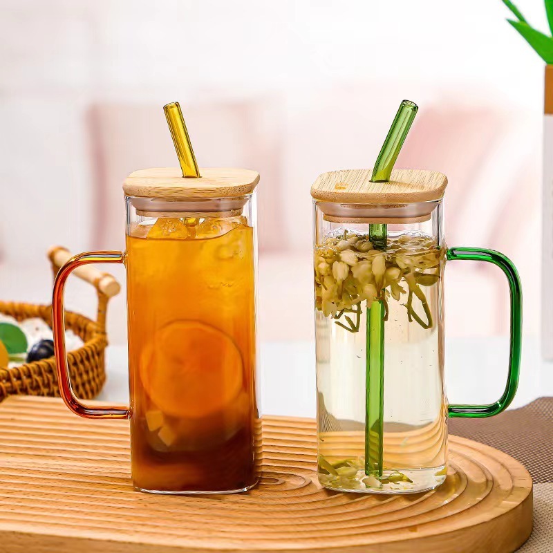 Square transparent glass cup with bamboo lid handle and straw high borosilicate heat resistance mug