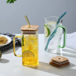 Square transparent glass cup with bamboo lid handle and straw high borosilicate heat resistance mug