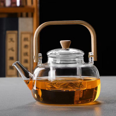 Glass teapot with bamboo handle and beam High borosilicate glass boiling teapot Clear heat-resistant glass beam kettle