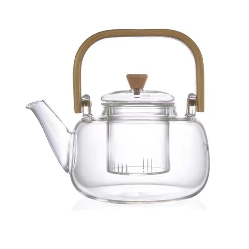 Glass teapot with bamboo handle and beam High borosilicate glass boiling teapot Clear heat-resistant glass beam kettle