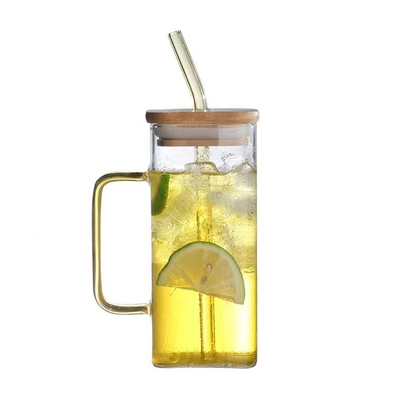 Square transparent glass cup with bamboo lid handle and straw high borosilicate heat resistance mug