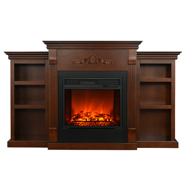 70'' big TV stand built in electric fireplace with wooden mantel and 3d decor LED light log fire flame