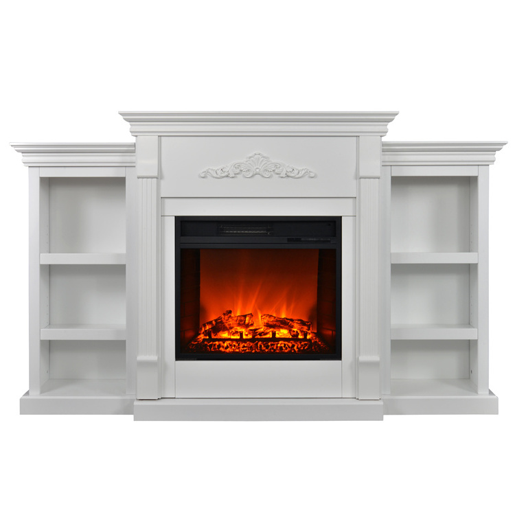 70'' big TV stand built in electric fireplace with wooden mantel and 3d decor LED light log fire flame