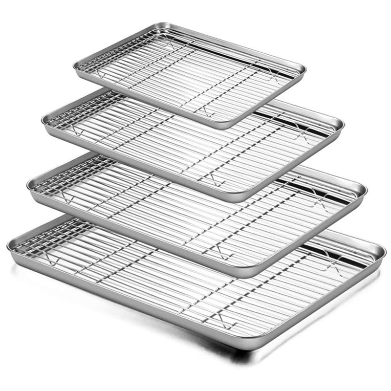 Rectangular Kitchen Grill Oven Draining Oil BBQ Plate Cooling Grid Rack Baking Trays Pan Stainless Steel Rack Set Baking Dishes