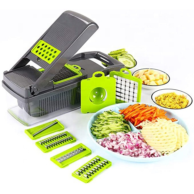 12 In 1 Hand Operated Multifunctional Spiralizer Vegetable Cutter Cheese Grater with Container Plastic Shredder Mandoline Slicer