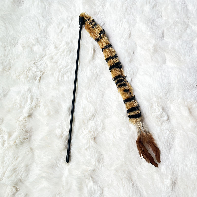 Jungle Cat Plush Wand With Leopards Ribbon Wand Furry Tail and Bells Cat Stick Toy Interactive Toys