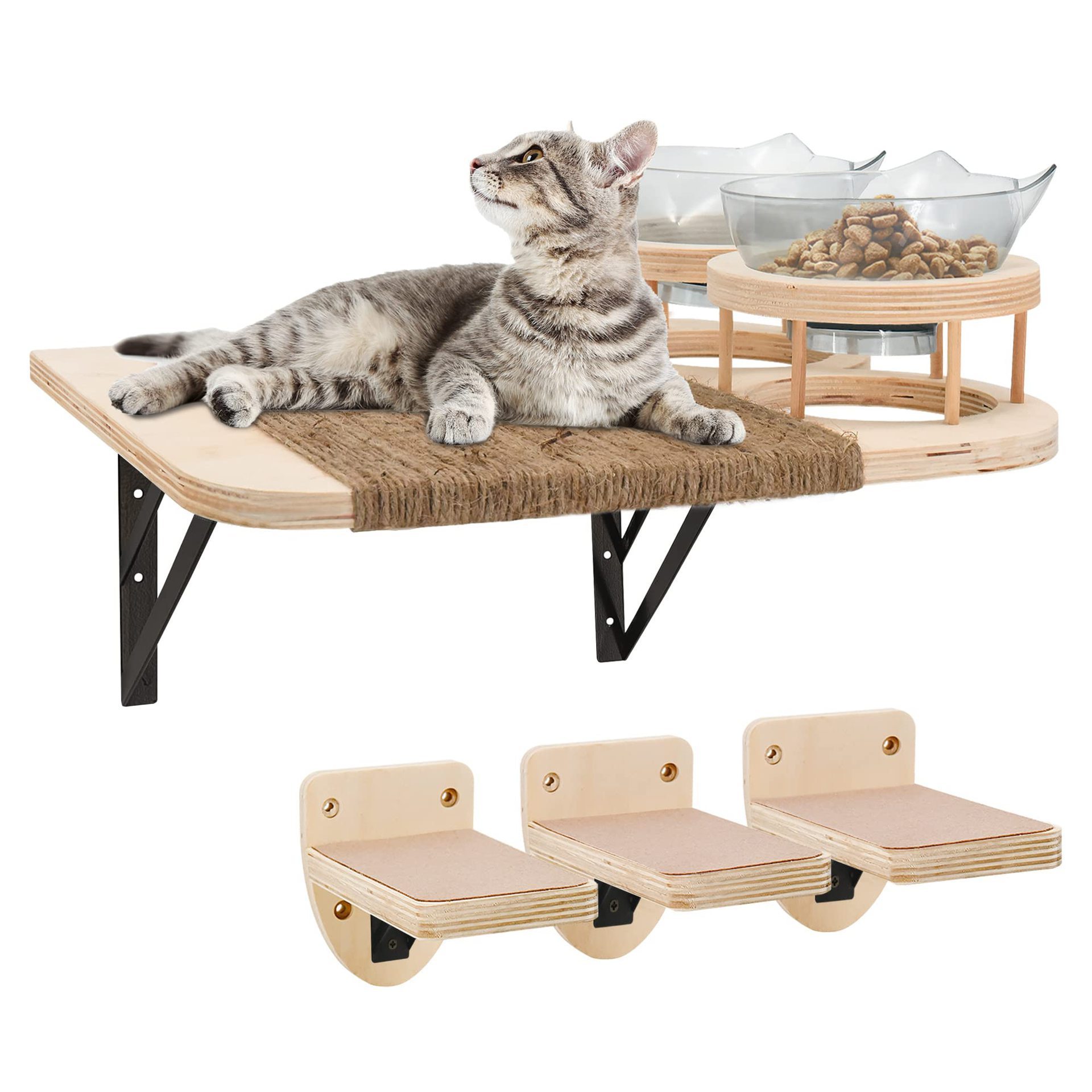 Customized Wooden Cat Wall Mounted Shelves and Perches with 3 Steps Cat Hammock Wall Cat Climbing Shelves with 2 Plastic Bowl