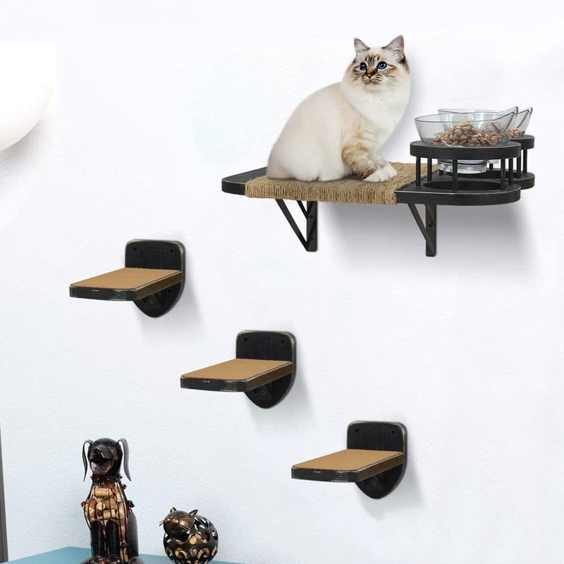 Customized Wooden Cat Wall Mounted Shelves and Perches with 3 Steps Cat Hammock Wall Cat Climbing Shelves with 2 Plastic Bowl