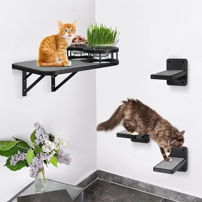 Customized Wooden Cat Wall Mounted Shelves and Perches with 3 Steps Cat Hammock Wall Cat Climbing Shelves with 2 Plastic Bowl